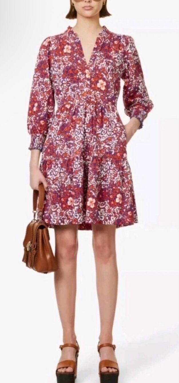 ME+EM Batik-floral Tiered-skirt Cotton-jersey Mini Dress Pockets Size 8